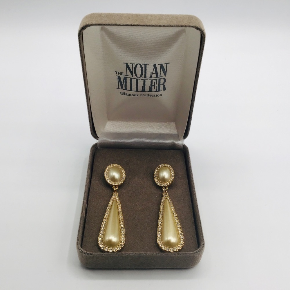 Nolan MILLER Set Pendant Necklace Earrings Gold Tone Long FauxPearl Rhinestone - Picture 3 of 10